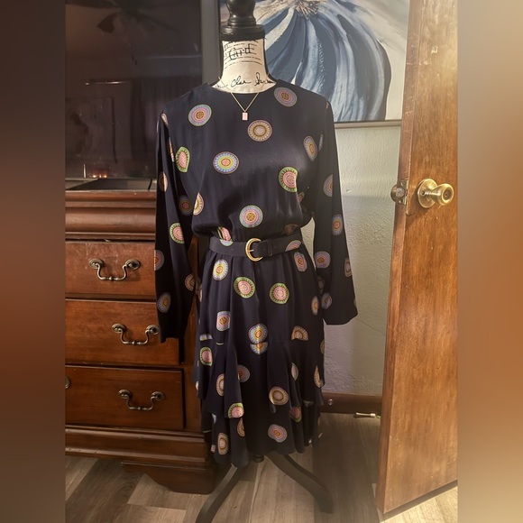 Real Vintage! Darling Navy Mandala Patterned Ruffle Belted Dress EUC!! - Picture 6 of 12